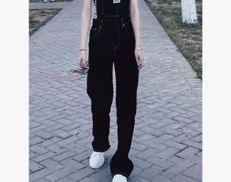 背带牛仔裤 背带牛仔裤夏季黑色女春秋新款宽...