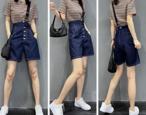 宽松单肩背带短裤欧洲站2021夏季新款薄款...