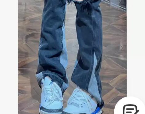 美式复古破洞高街撞色拼接牛仔裤女夏季显瘦微...