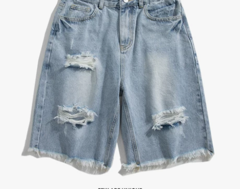 XYZ夏季破洞水洗牛仔短裤男士宽松直筒休闲...