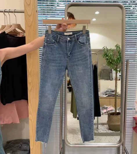 长牛仔裤女秋薄款高腰紧身弹力显瘦小脚裤九分...