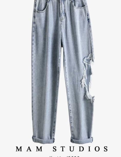 破洞牛仔裤 破洞牛仔裤显瘦春夏新款大宽松浅...