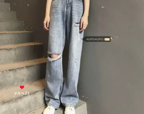 破洞拖地牛仔裤女夏季复古宽松高腰显瘦垂感宽...