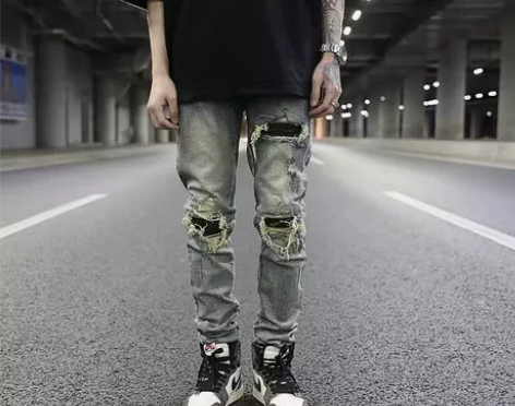 欧美高街风机车洗水做旧牛仔裤秋冬小众破洞