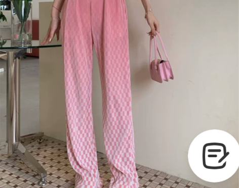 大码渐变格纹休闲裤女直筒百搭微胖拖地裤高腰...