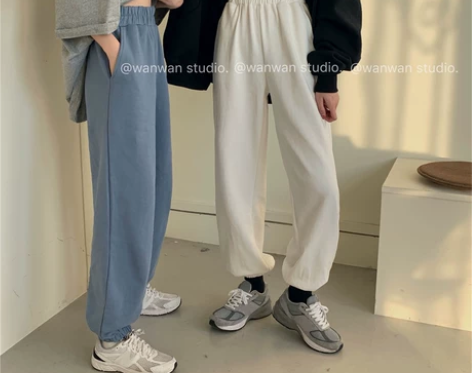 白色高腰运动休闲束脚哈伦裤女春秋阔腿宽松显...