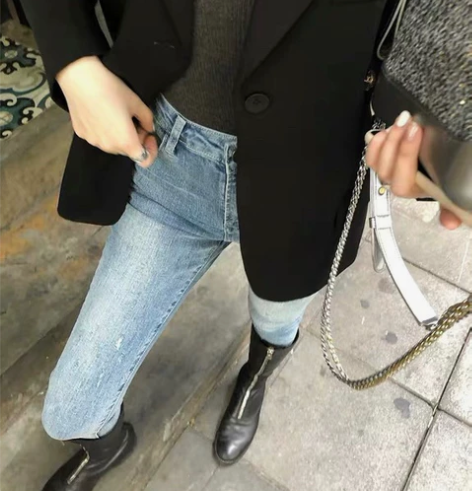 伦敦雾秋季牛仔裤长裤修身显瘦窄脚散口牛仔九...
