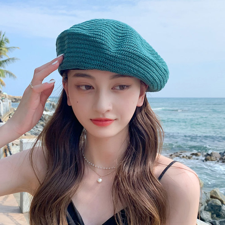 贝雷帽显脸小女夏季透气薄款韩版时尚编织八角...