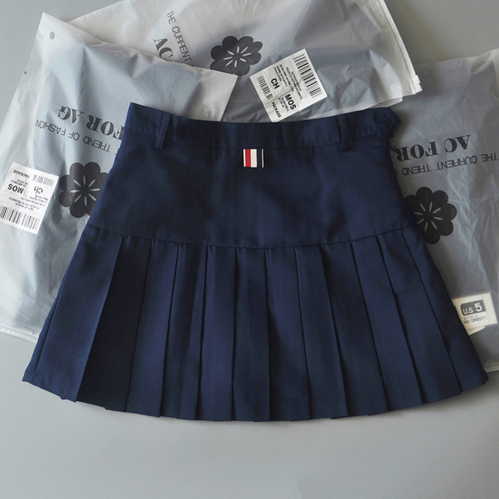 春秋新款ins风高腰学院风西装料TB百褶裙...