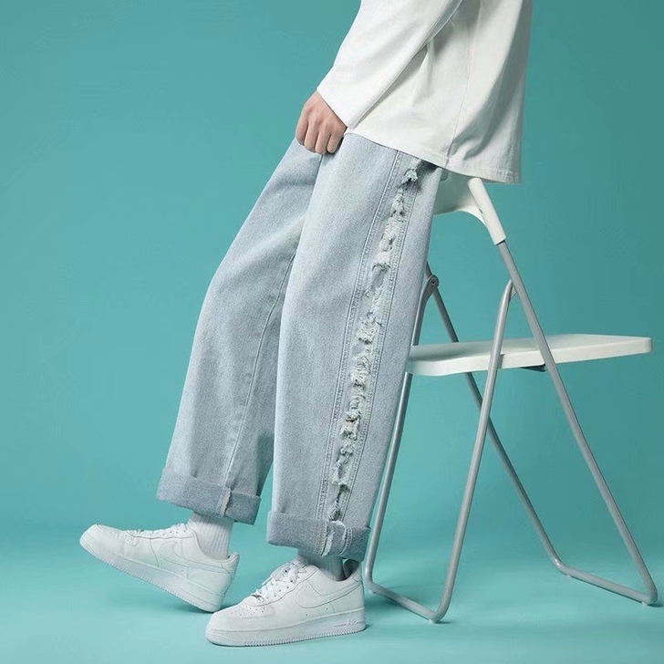 1浅色牛仔裤男春季新款潮流百搭阔腿长裤潮牌...