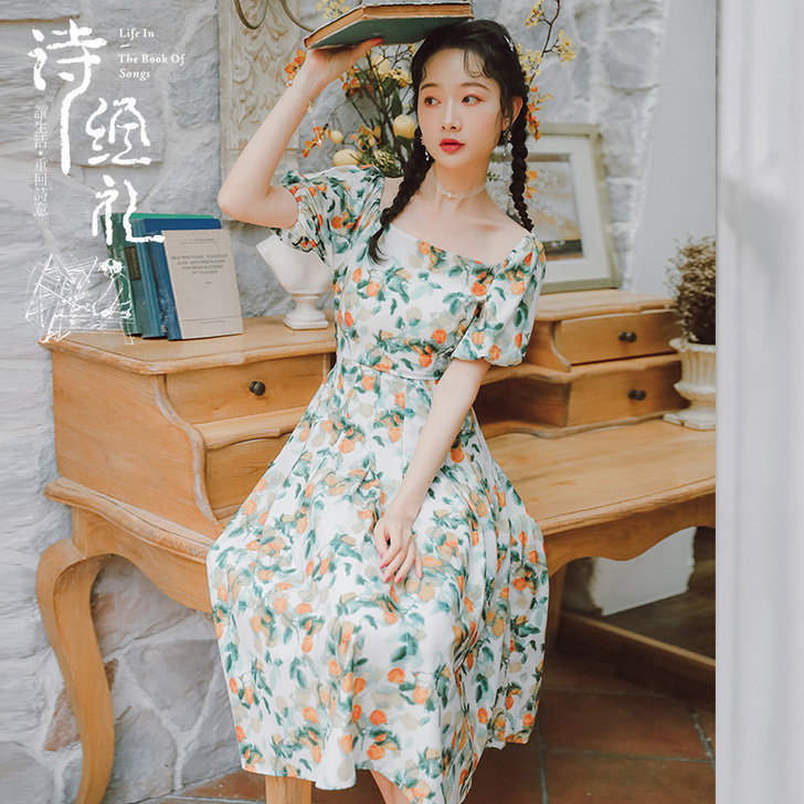复古油画雪纺连衣裙女2020夏天新款小众碎...