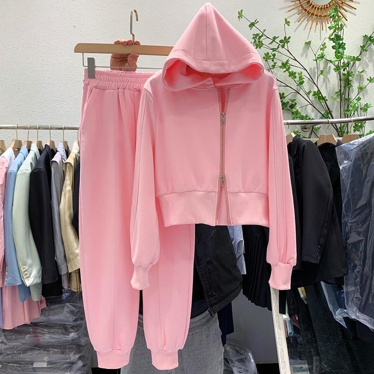 【秋装上新】灰色连帽运动服两件套女2021...