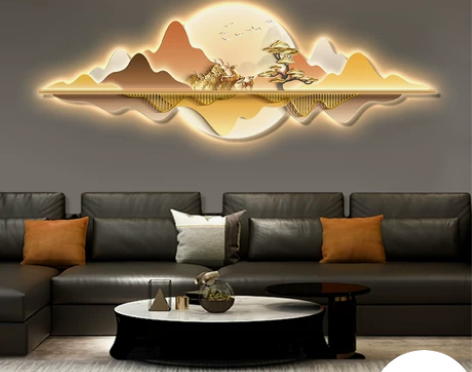 现代轻奢山水客厅装饰画麋鹿led灯画发光创...