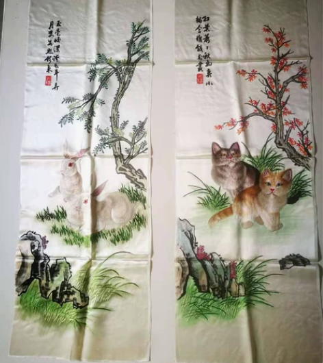 手工刺绣画四件套，动物题材，绘画与刺绣相结...