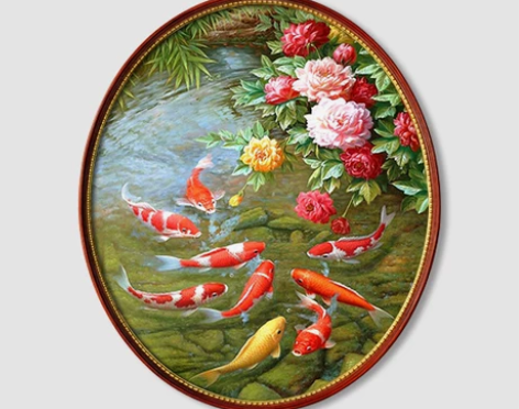 装饰画 装饰画挂画轻奢牡丹九鱼图手绘油画欧...