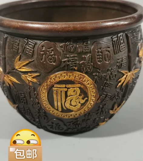 古玩铜器收藏，紫铜鎏金百福缸，招财缸，工艺...