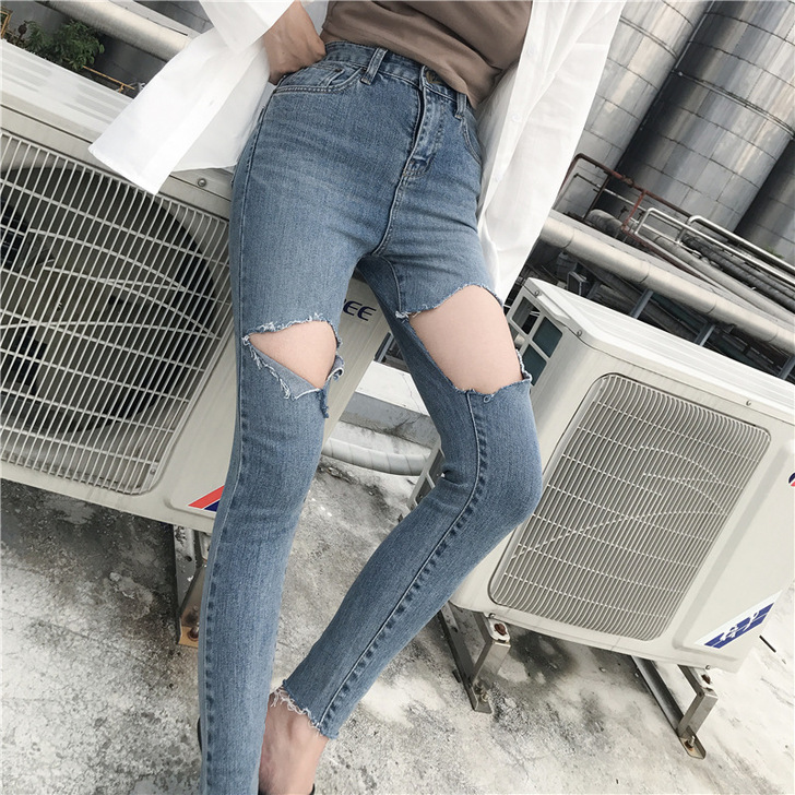牛仔裤女九分裤软妹直筒破洞裤紧身小脚裤高腰...