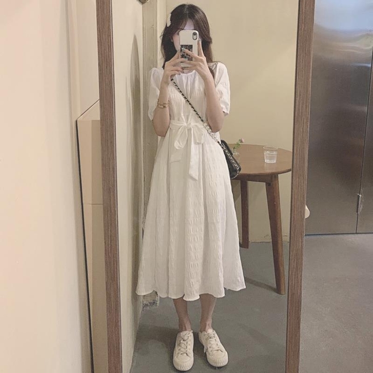 小个子白色连衣裙女夏季长裙裙子系白裙夏