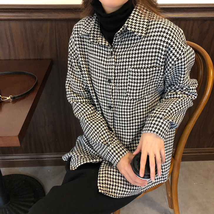 复古千鸟格衬衣新款叠穿格子衬衫女秋冬宽松显...