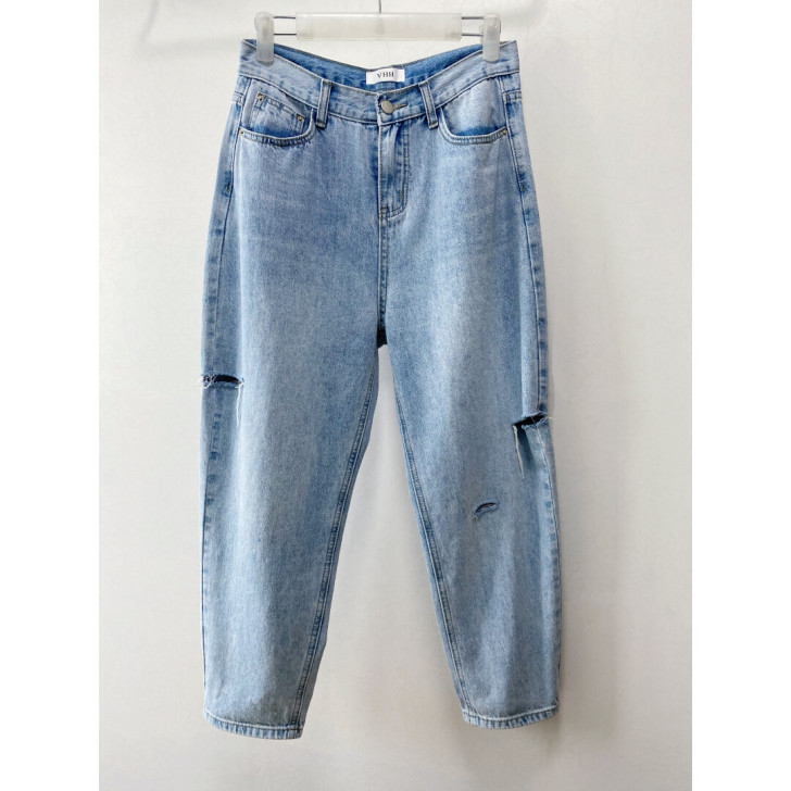 春夏薄款破洞牛仔裤 高腰牛仔奶奶裤