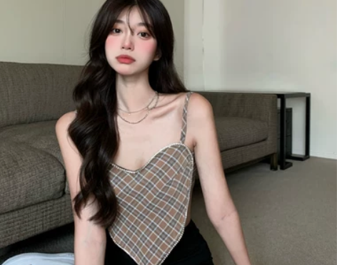 美式复古格子方巾小吊带背心女夏季外穿肚兜式...