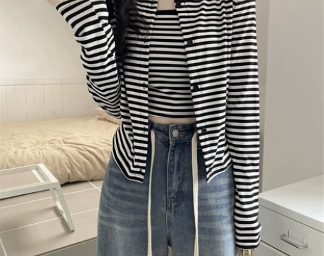 2022年纯棉线横条纹秋天开胸吊带背心女夏...