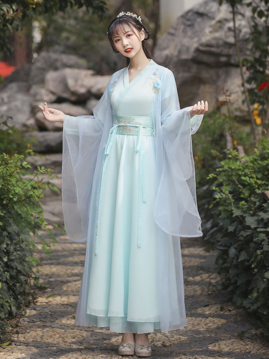 汉服女夏中国风原创古风蓝色古装广袖流仙裙改...