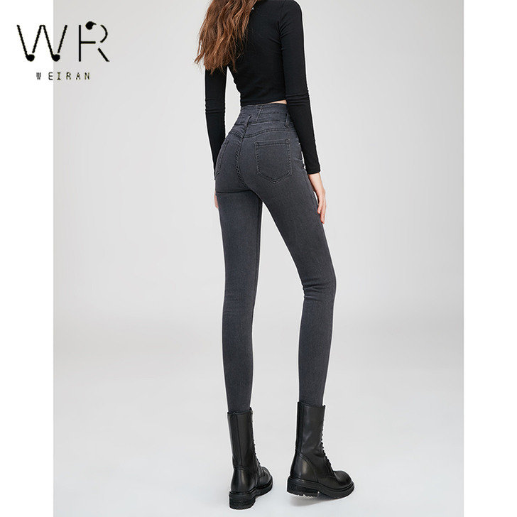 WR 新款烟灰色高腰牛仔裤女显瘦显高弹力小...