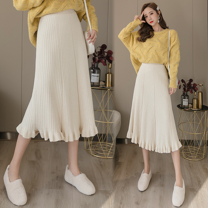 配毛衣针织半身裙女秋冬高腰中长款A字裙百褶...