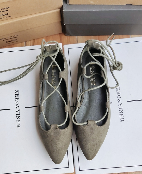 全新33码墨绿色尖头系带小香风平底鞋女百搭...