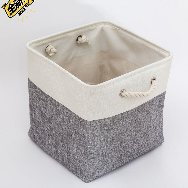 热销亚麻拼接可折叠储物箱 带棉绳把手 玩具...