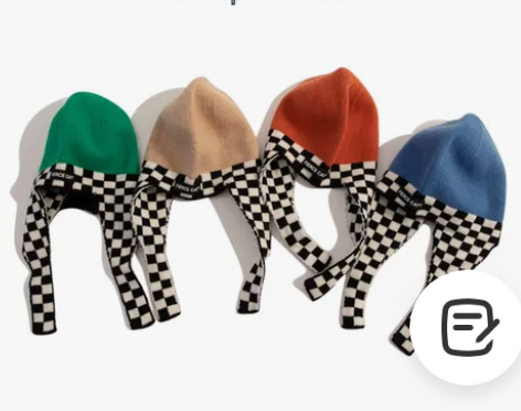 韩国INS棋盘格针织毛线帽 男童女童护耳一...