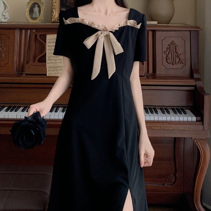 法式桔梗初恋黑色裙子超仙长裙2021新款森...