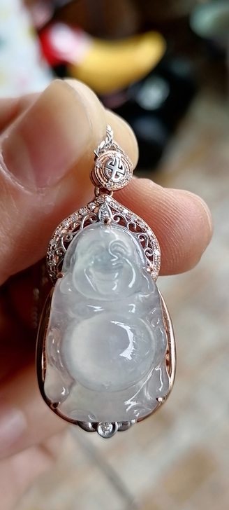 18k钻石镶嵌翡翠佛公吊坠，大肚子鼓鼓，，...