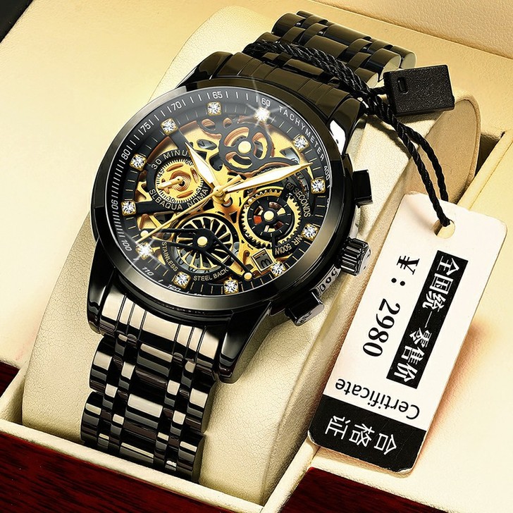 瑞士全黑异形机械表全自动镂空陀飞轮十大防水...