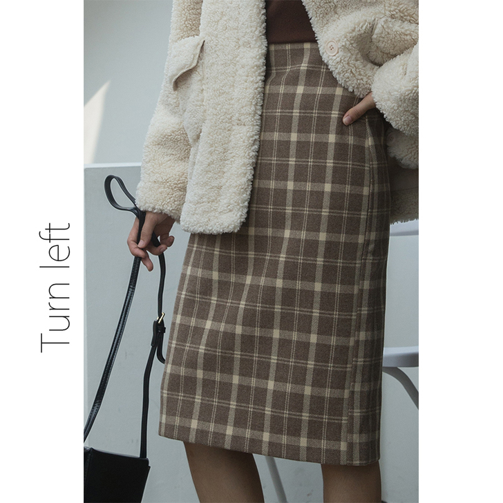 左转复古格子半身中长裙女春秋直筒裙2020...