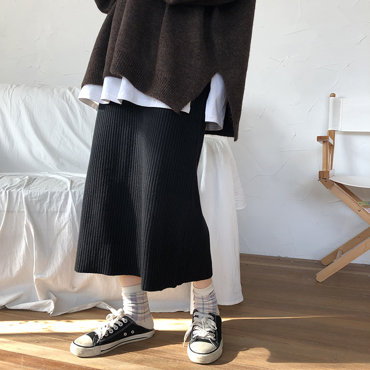 花田橱窗 针织半身裙女春秋高腰显瘦a字中长...