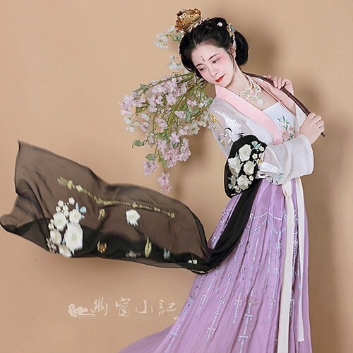 【西斋见月】汉服齐腰襦裙绣花仙鹤茶花璎珞【...