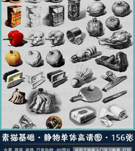 素描静物单体绘画基础画班教学单个水果蔬菜杂...