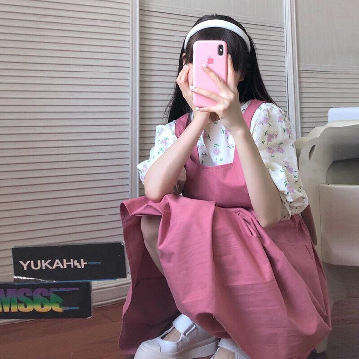 背带裙女小清新收腰显瘦两穿减龄甜美裙子粉色...