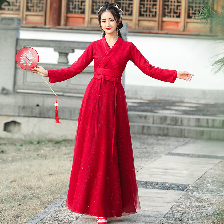 大红色汉服女古风飘逸改良版连衣裙中国风原创...