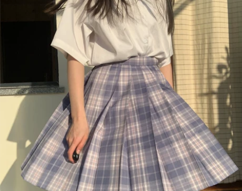 jk套装全套格子群百搭学院风高腰百褶裙短袖...