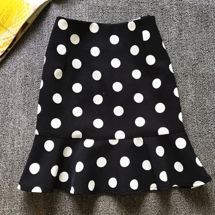 春夏秋款荷叶边裙时尚黑白色波点鱼尾裙半身裙...