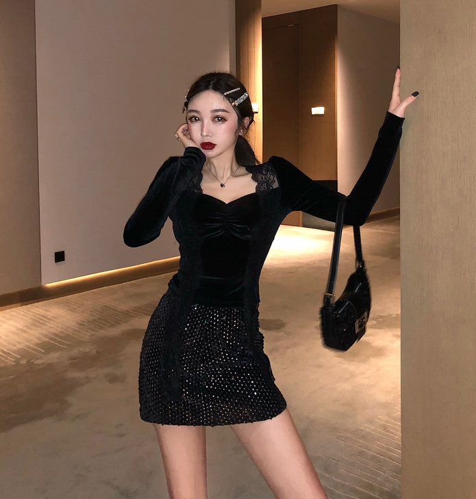 q女家亮片半身裙a字包臀高腰修身显瘦闪闪短...