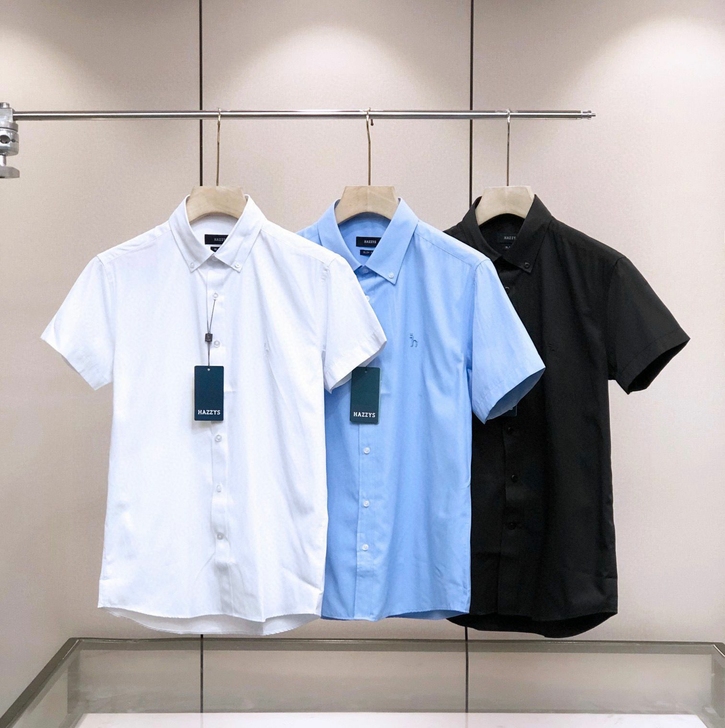 Hazzys哈吉斯男士经典纯色丝光棉衬衫短...