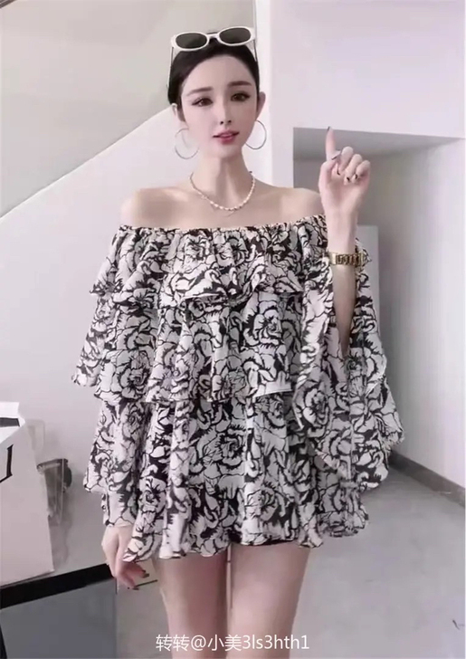 一字肩连衣裙夏季女设计感小众碎花裙2021...