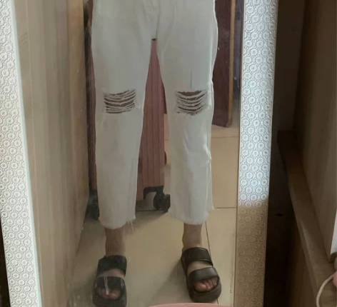 夏装女装韩版高腰膝盖破洞宽松显瘦直筒裤个性...