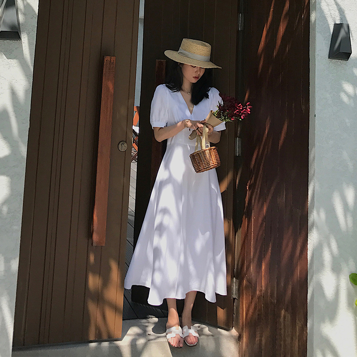 长裙法国小众桔梗很仙智熏法式复古过膝连衣裙...