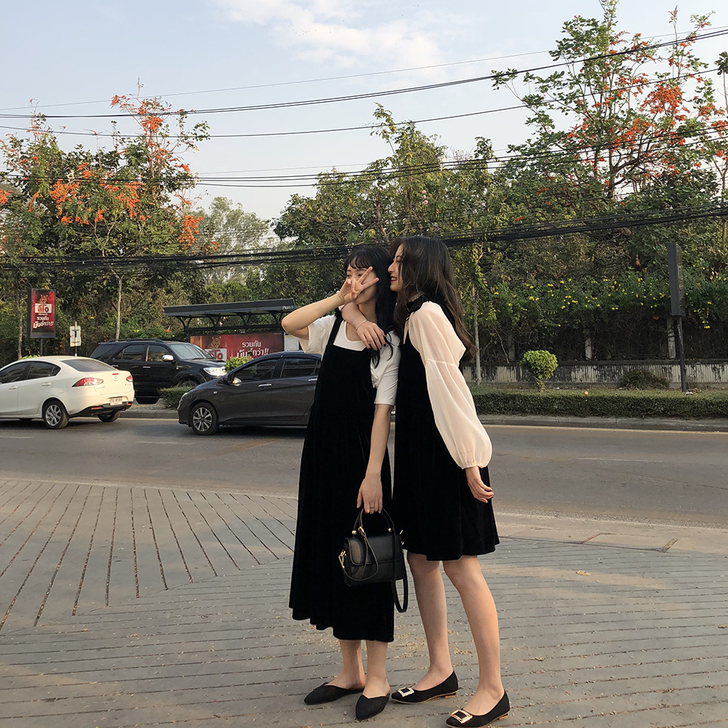 kumayes 甜而不腻闺蜜裙绒面蝴蝶结背...