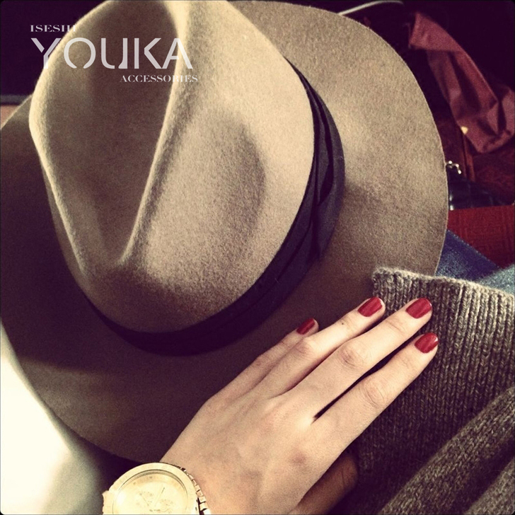 欧美英伦澳洲纯羊毛呢茶色大沿礼帽秋冬韩版帽...